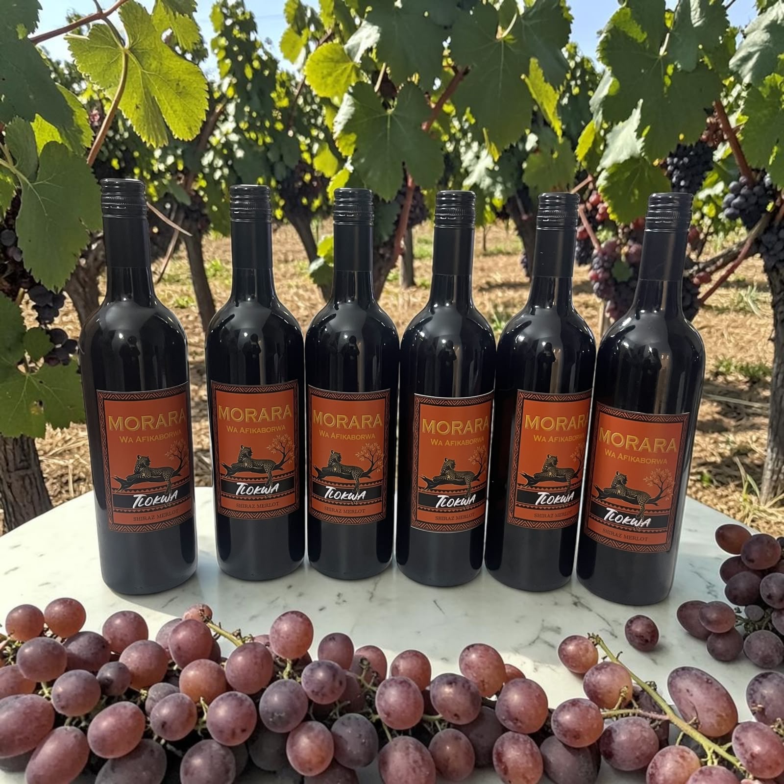 Six bottles of Morara Tlokwa Shiraz Merlot in a vineyard